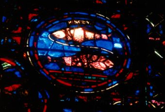 Earthlore Explorations Lore of Astrology: Pisces zodiac symbol in stained glass, Chartres cathedral