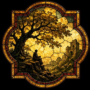 Medieval stained glass journey motif
