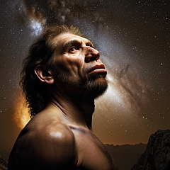 Depiction of a prehistoric man observing the night sky