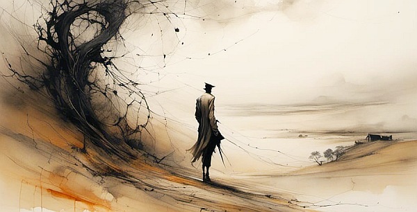 Watercolor painting of a poet in a landscape